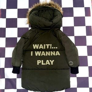 Zara Baby Kids “Wait I Wanna Play” Olive Green Puffer Winter Jacket 2T